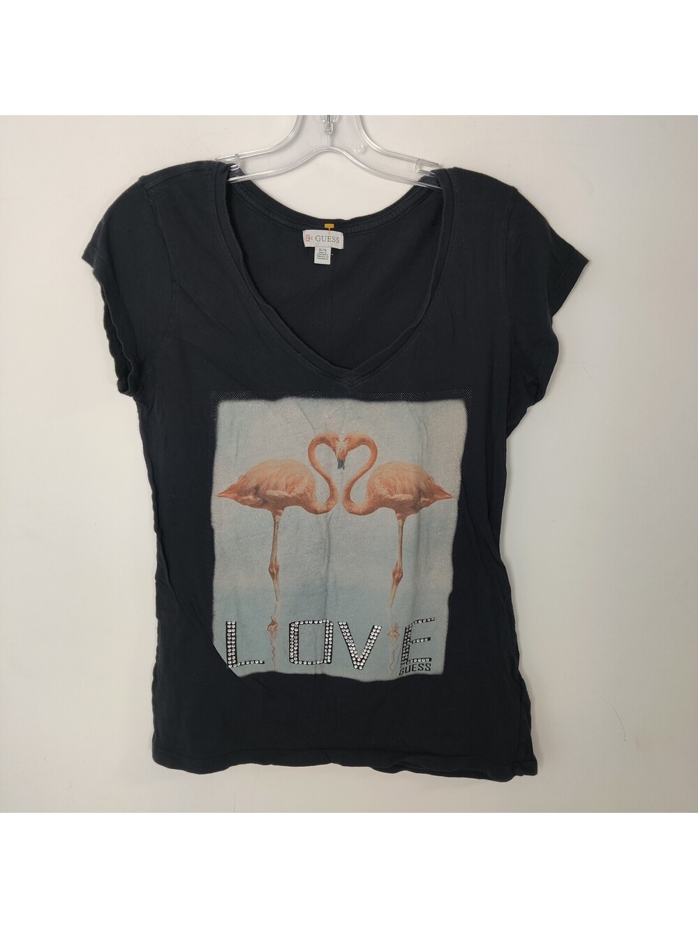 Guess 1981 Black Flamingo Rhinestone Love Graphic V-Neck T-Shirt Tee Medium